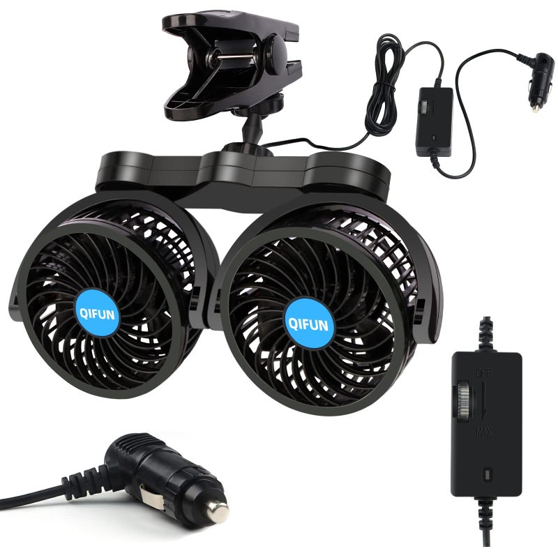 QIFUN Car Fan Adjustable Dual Head 12V 360Â° Rotatable 4 Inches Car Clip Fan for Front/Rear Seat Passenger Car Essentials Cooler with Stepless Speed Regulation for Vehicle SUV, RV - Image 1